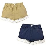 ベビー服 女の子 ショート パンツ ボトム 綿麻素材 フリル レース ワッペン 花柄 ウエストゴム 女児 ベビー (1.キャメル/95cm)