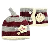 【Anjelly】 ベビー ＆ キッズ 用 ニット帽 & マフラー (ボタン付き ネックウォーマー ) セット ベースボール 選べる6色 (グレー×ワインレッド)