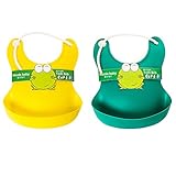 （SHINA)2点セット　赤ちゃん お食事 エプロン シリコンエプロン　ポケット付き　防水　耐用　洗濯しやすい (緑+黄色)