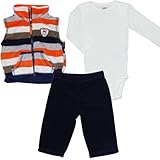カーターズ（Carter's）【オレンジ紺きつねボーダーフリースベスト3点セット】秋冬防寒・保温フリースベスト&コーデパンツ&長袖ボディースーツセット 6months 6ヶ月用 70cm 出産祝いギフ