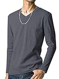 [フテラ] メンズ シャツ カットソー Tシャツ ロンＴクルーネック Vネック Vネック 長袖 長袖 半袖 無地 シンプル スリム ダークグレー(長袖/Vネック) M