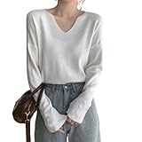 [Ishihara liacceai] ニットセーター レディース Vネック 袖ボタン 長袖 薄手 無地 ゆったり プルオーバー カットソー トップス 柔らか かわいい シンプル 通勤 春 秋 冬