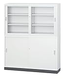 ≪セット商品≫ 【HCB-TDAJ1500SET】 キャビネット 書庫 収納 完成品 深型 ガラス引戸書庫+スチール引戸書庫+水平アジャスターベース+上下連結金具 戸棚 書棚 【オフィス家具市場オリジナル:日本製】 W1500×D515×H