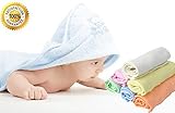 NaturCute Bamboo Baby Hooded Towel (Blue) and 6 Washcloths Set - Hypoallergenic, Soft, Sized for New