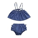 ファッションかわいい2本の幼児の赤ちゃんの幸運な太陽女の子レースストライプ服ノースリーブトップス+ショートパンツセットデニム素材夏 (80, 青)