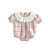 Cutelove 子供服 ロンパース カバーオール ガールズ 女の子 夏 可愛い 格子柄 半袖 蓮の葉の襟 ベビー 幼児 おしゃれ