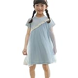 PAPA KIDS 子供ドレスキッズ チュールドレス 半袖女の子プリンセスドレス フリル夏 誕生日 通学 七五三入園式 花嫁介添人 (120cm, ブルー)