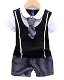 YUEGUANG ベビー洋服 男の子 スーツ フォーマル ボーイズ洋服　紳士風 上下2点セット 半袖ストライプ　セレモニー ネクタイTシャツ　入園式 卒園式 結婚式 お正 月　誕生日 お宮参り 七五三