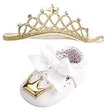 C-Princess ベビーシューズ ファーストシューズ ヘアバンド 2点セット 赤ちゃん靴 室内靴 学步靴 新生児 女の子 プリンセス風 クラウン 結婚式 お祝い 白+金 12cm