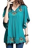 [アッシュランゲル] チュニック レディース 森ガール 刺繍 エスニック レトロブーム トップス シャツ ドルマン フレア袖 半袖 ゆったり Vネック 花柄 ブルー
