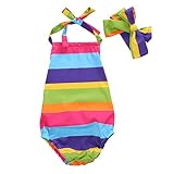 （サクララ）Sakulala 新生児 ロンパース 彩色 ストライプ 連体セット ノースリーブ 袖なし 虹 女の子 キッズ 赤ちゃん ベビー服 (80)
