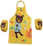 (ヤヌーク・ゴラ）エプロン キッズ 子供用 防水 腕カバー 付 幼稚園 保育園 給食 絵画 工作 撥水 (黄色 クマ 親子)