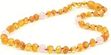 Raw Amber Teething Necklace with Quartz Beads - 12.6 Inches - Baltic Amber Land - Unpolished Honey C