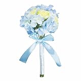 「ノーブランド品」オリジナル デザイン 手作り造花 ハイドランジア＆ローズ　ブーケ、新郎コサージュと花嫁フラワーブレスレット付き、ウエディングブーケ、パーティー　造花 装飾。約31*21cm（ブーケ、