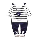 子供上下セット服 男の子 女の子 服 長袖 秋 Pojour Tシャツ＆パンツ 可愛いストライプクマ ベビールームウェア 子供 丸首 普段着 カジュアル スポーツ 旅行 記念日 プレゼント ブルー