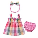 LittleSpring夏 女の子 ベビー（0-3歳） ワンピースセット チェック柄 キャミソールワンピース＆無地 ピンク パンツ＆チェック柄 ヘッドバンド 新生児 出産祝い お出かけ お食い初め 結