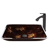 VIGO Rectangular Brown and Gold Fusion Glass Vessel Bathroom Sink and Linus Vessel Faucet with Pop U