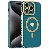 wahhle iPhone 14に適したマグネットケース、豪華メッキがかわいいハート型ケースはMagsafeと互換性があり、カメラプロテクター付きの女性向け(iPhone 14,Green)