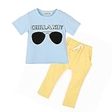 BOBORA　可愛いメガネプリント　ブルー半袖Tシャツ＆イエローパンツ　ハンサムなカバーオール　綿「０－５歳」　男　子供服