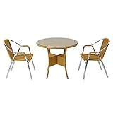 人工ラタンチェア2脚 丸テーブル1台 3点セット 強化ガラス ナチュラル 籐 肘掛けカバー付き 家具 ファニチャー インテリア スタッキングチェア リビング chair 椅子 南国 アジアン バリ風 