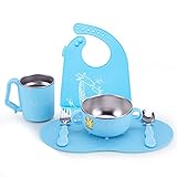 GudeHome ベビー食器セット ご飯茶碗 片手カップ ビブ ベビースプーン ベビーフォーク 子供食器 （ブルー）