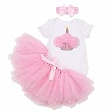 Gmasking 子供ドレス 女の子ワンピース ロンパース ピンクスカート リボン飾り 3点セット (誕生日ケーキ・L(6-12Months))