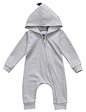 Happyハッピー耳　ベビー　女の子　男の子　ロンパース　長袖　フード付き　恐竜　かわいい　カバーオール　おもしろ　 (80, グレー)