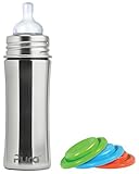 Pura Kiki Stainless Steel Infant Bottle Natural Mirrored Stainless 11 Ounce Plus Set of 3 Silicone S
