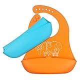 iRegro ベビー お食事 エプロン【シリコン製 2枚セット 洗濯しやすい】ソフト 防水 赤ちゃん スタイ ポケット付き（ブルー+オレンジ）