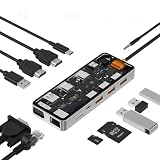 Hirameki ドッキングステーション 12 In 1 usb ハブ HDMI4K@30Hz出力 収納型 USB C ドッキングステーション 2*USB3.0/2*USB2.0/イーサネットRJ45（1000Mbps）/PD 100W急速充電/2 HDMI/VGA/3.5mm ヘッドフォンジャック/SD/TF 亜鉛合金+強化ガラス