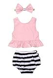 Younger Tree Baby Girl Summer Clothes Pink Blouse Top + Striped Shorts + Headband 3Pcs Outfit Set (P