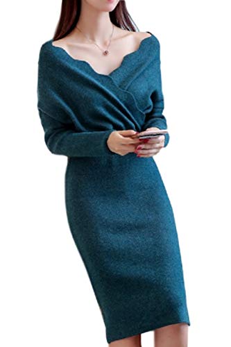 Mua Plaistel スカラップ カシュクール ニット ワンピース ターコイズ ブルー レディース 服 長袖 ひざ丈 セクシー オフショル 秋服 冬服 おおきいサイズ ニットワンピース Vネック ワンピ 上品 セクシードレス インディゴ ネイビー 青 紺 Tren Amazon Nhật Chinh