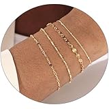 LEXODY Gold Bracelets for Women 14K Gold Herringbone Bracelets Sets Dainty Herringbone Jewelry Stackable Figaro Chain Papercl