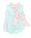 RuffleButts乳児/幼児用ガールズサテン地ストライプバブルWrap Romper W / Bow カラー: ブルー