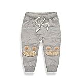 PANCY 子供服 春秋 長ズボン キッズ 縄付き ロングパンツ 男の子 女の子 シンプル 可愛い くま アップリケ(ライトグレー,120cm)