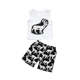 杜屋トヤ 幼児 鹿のプリント ノースリーブシャツ ベスト+ショートパンツ かこいい　男女兼用　コットン ホワイト70,80,90,100,110