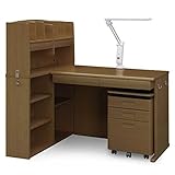 デスク ワークデスク 学習デスク 100cm パソコンデスク 机 ワゴン付き ライト付き (ミディアムブラウン)