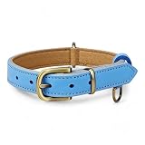 Beanspet 犬用首輪 本革 小型犬 中型犬 大型犬対応 軽量 アンティーク風金具付き レザーカラー スエード裏地付き 6サイズ展開 5色選べる ベーシックモデル (ブルー, M)