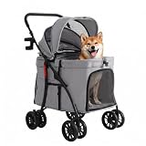 【低床型 ·大空間】MILA&LOUIS 中型犬ペットカート 大空間しっかり包み込む 大型犬 カート 深型しっかり包み込む犬用カート 小型犬/猫 多頭 老犬兼用 最大4匹 耐荷重30Kg 簡単に折りたたむ 前輪360°回転 後輪ブレーキ付き 低床型 乗り降りラクラク 犬用ベビーカー お出かけ 散歩 通院 収納便利 組み立て簡単(グレー)