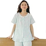【小丸子の花轮クン】ガーゼ 素材 で 爽やか 着心地 マタニティ パジャマ チェック 柄 半袖 前開き 授乳口付 授乳服 オールシーズン ドレス 上下セット 二重ガーゼ 100%绵 レース 素材 産前