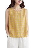 [ＰＰＥＩＲＥＥ] レディース リネン タンクトップ 夏着 チェック柄 ｔシャツ ノースリーブ トップス ゆったり ブラウス 綿麻ベスト 袖なし Ｔシャツ 丸首 柔らかい 快適イエロー2