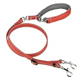 Beanspet 犬用リード 2重ロック ダブルナスカン レザー製 1.2m 長さ調整 持ち手パッド 小型犬 中型犬 大型犬 散歩 しつけ 脱走防止 (レッド, M)