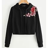 Guangqiレディースローズ刺繍パーカースエットシャツCrop Top Drawstringプルオーバートップス X-Large ブラック 73