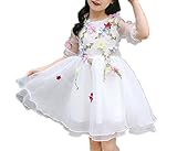 Candykids　子供ドレス 子どもドレス ワンピース　お嬢様 　ドレス　フォーマル ピアノ 発表会 フラワー　花ワンピース　キッズ 発表会 結婚式 (140CM, ホワイト)