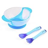 ベビー食器セット　吸盤付きのボウル　温度センサー付きのカトラリー　割れないボウル　ひっくり返されにくい　やけど防止　華やかな色　 (ブルー)