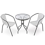 LOWYA （ロウヤ） 【アウトレット品】 ガーデンテーブル 3点セット 強化ガラス ラタン調デザイン 簡単組立て スタッキング ガーデンチェア グレー/ホワイト