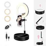 ledリングライト 自撮りライト リングライト 卓上スタンド 折り畳み式 bluetoothリモコン 6.3インチ 化粧鏡付き 拭き布付き