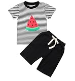 スイカのパターン Tシャツ ショートパンツ 男の子 女の子 夏の服 ラウンドネック 半袖 ストライプパターン トップ カジュアルパンツ 子供服 80 90 100 110 120（6〜24ヶ月2〜4歳