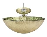 Aurora Sinks A16-C-G Bathroom Ensemble with Grid Drain, Foil Undertone Glass Vessel, Sink, Ring and 