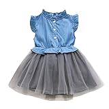 Kunton❤️ 2~7歳 供 デニム シャツ 女の子 長袖 半袖ワンピース 無地 メッシュ チュールスカート ドレス 膝上丈 かわいい 子供服 春 秋 発表会 (ライトブルー, 7T)